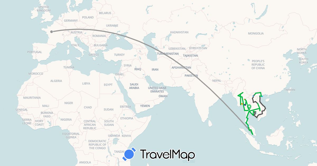 TravelMap itinerary: driving, bus, plane, boat, hitchhiking, motorbike in France, Cambodia, Laos, Myanmar (Burma), Malaysia, Thailand, Vietnam (Asia, Europe)